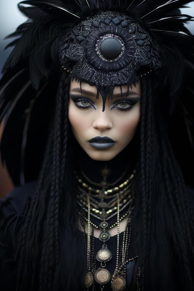 Mysterious dark goddess with ornate headpiece photo