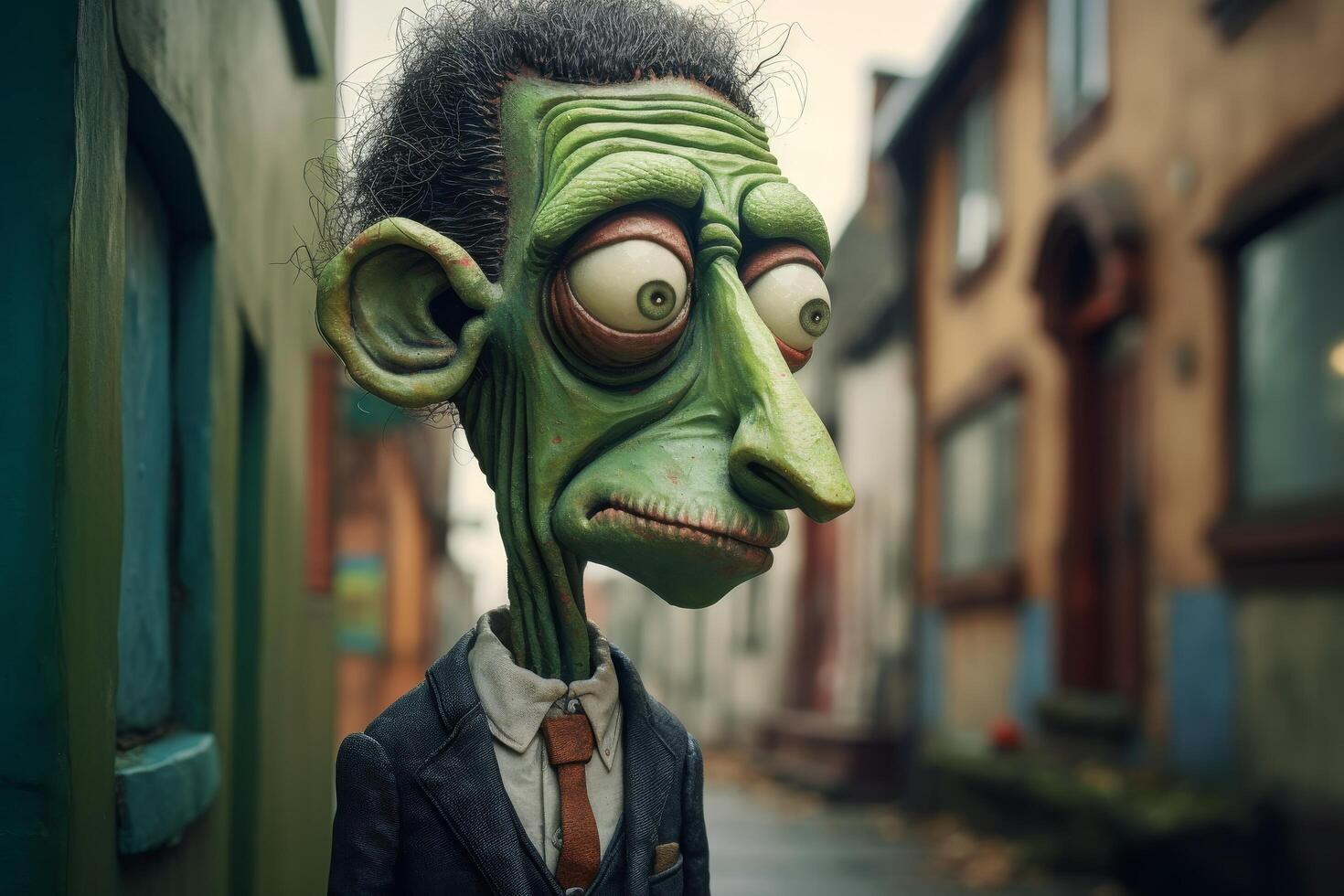 Quirky green monster character in a suit photo