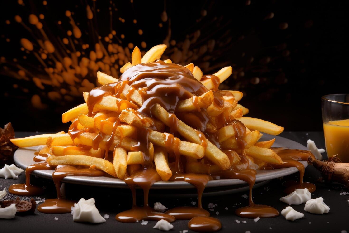Delicious pile of french fries covered in melted cheese and sauce photo