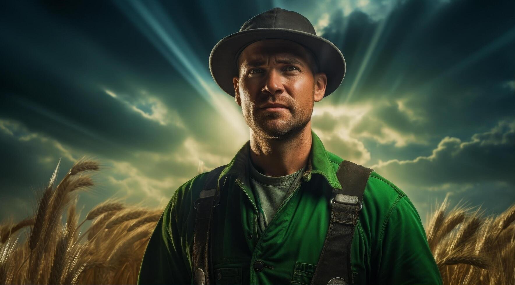 Determined farmer in green jacket standing in wheat field photo
