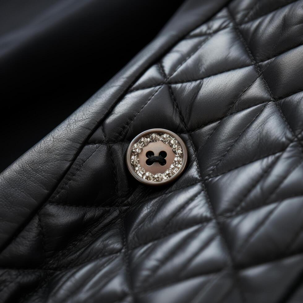 Closeup of a quilted black leather jacket with a decorative button photo