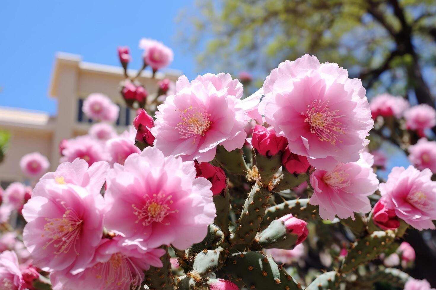 Vibrant pink cactus flowers in bloom photo