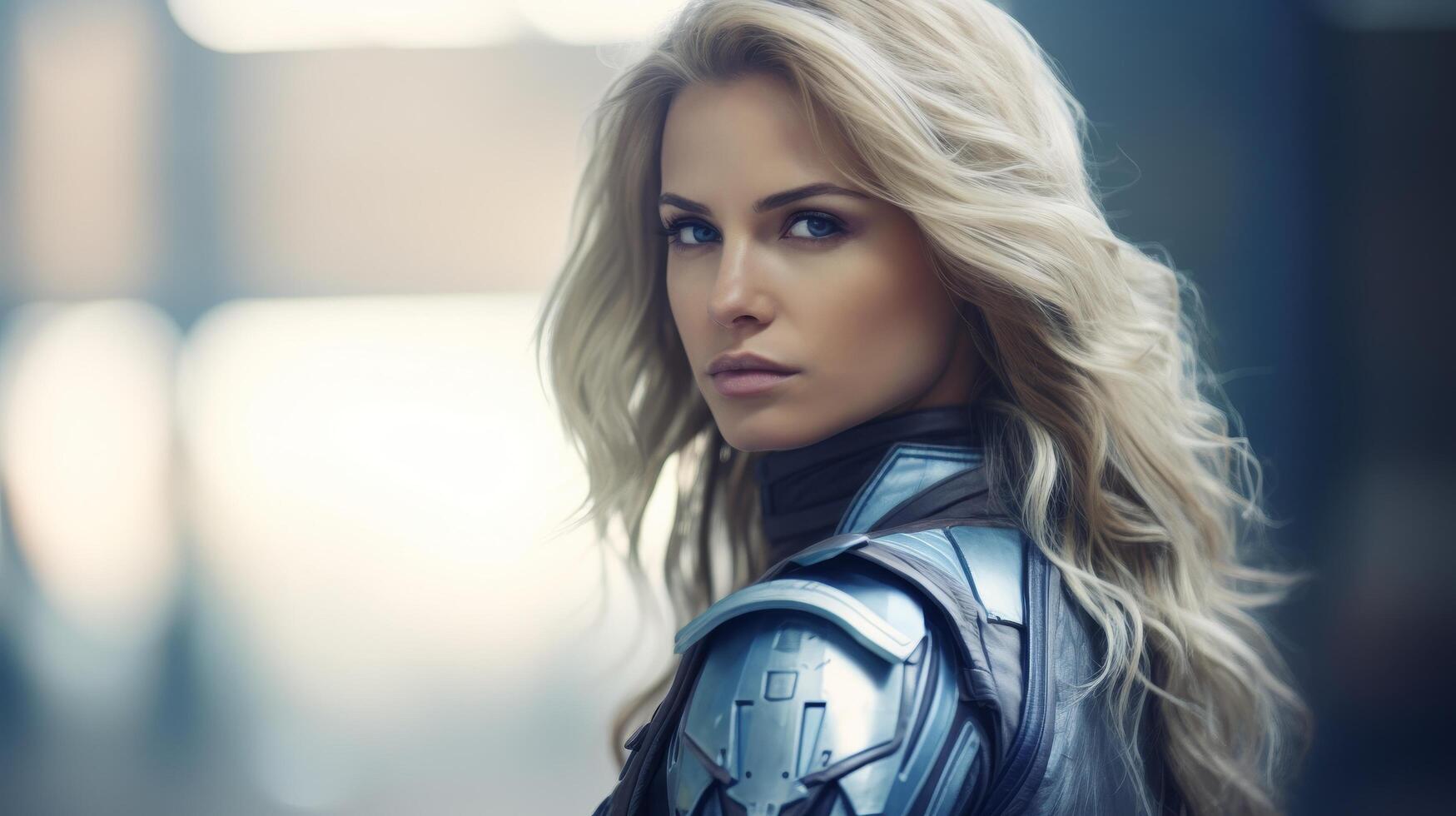 Powerful female warrior in futuristic armor photo