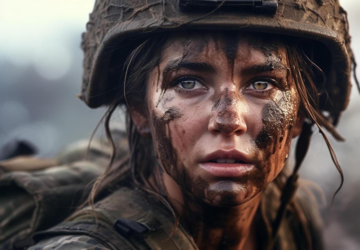 Intense gaze of a determined soldier in camouflage photo