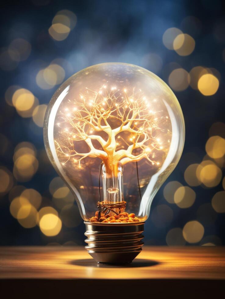 Glowing tree of life light bulb photo