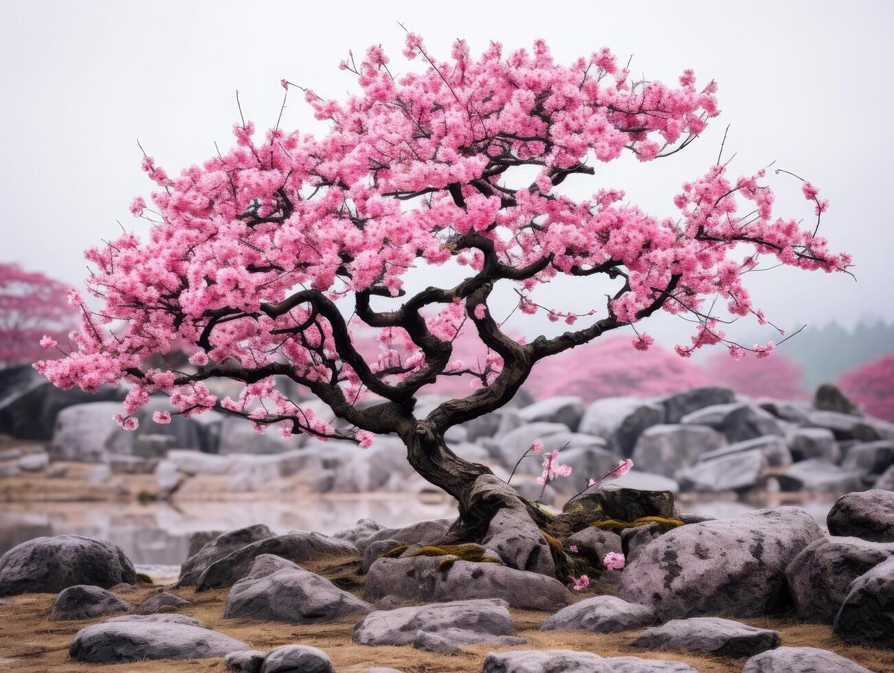 Blooming cherry blossom tree in japanese garden photo