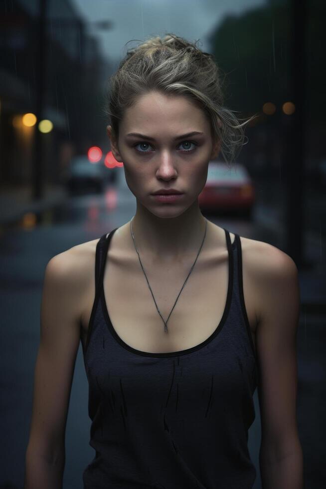 Pensive woman in black tank top photo