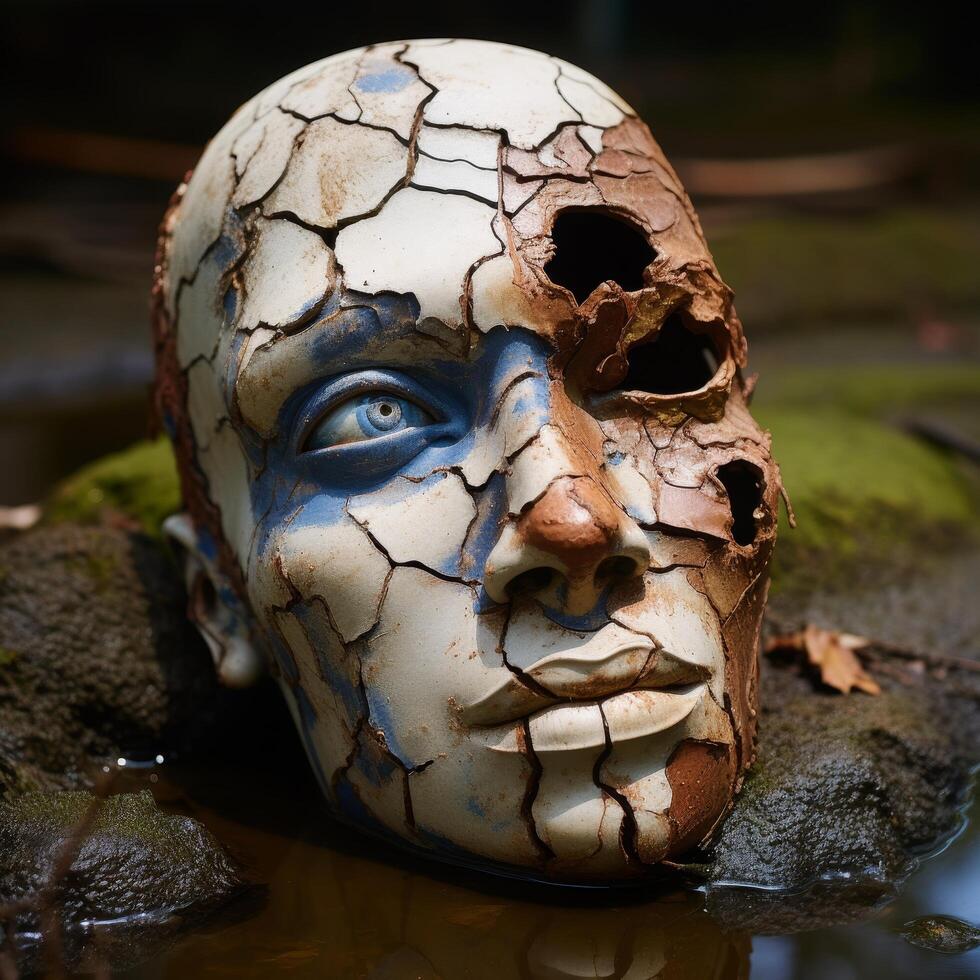 Cracked and weathered ceramic face sculpture photo