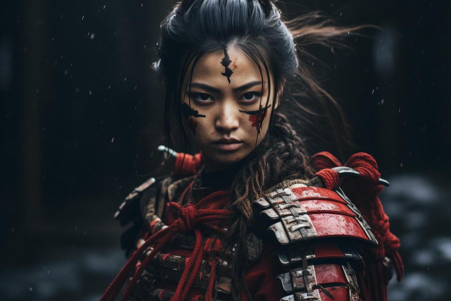 Fierce female warrior with face paint and armor photo
