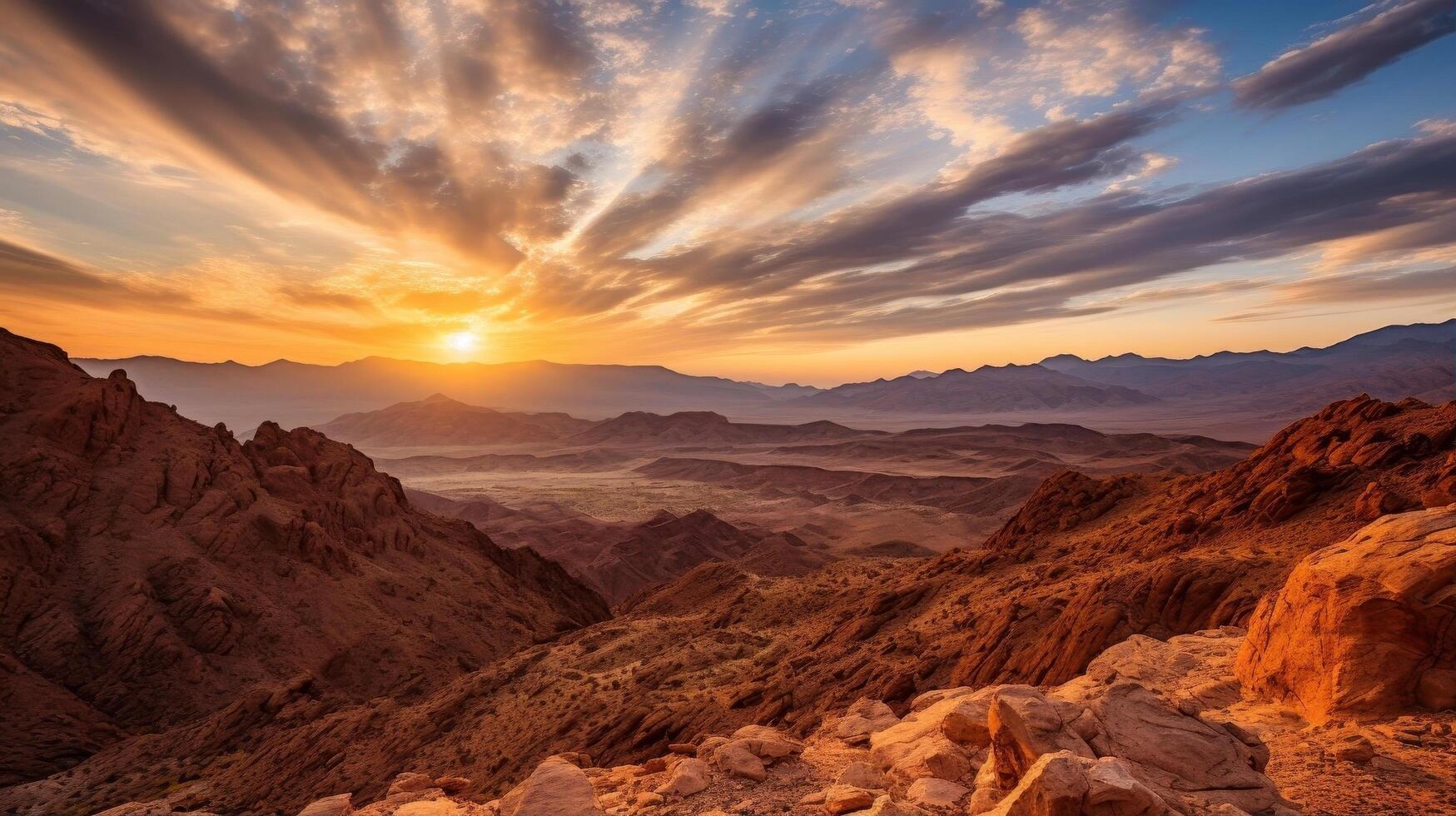 Dramatic sunset over rugged desert landscape photo