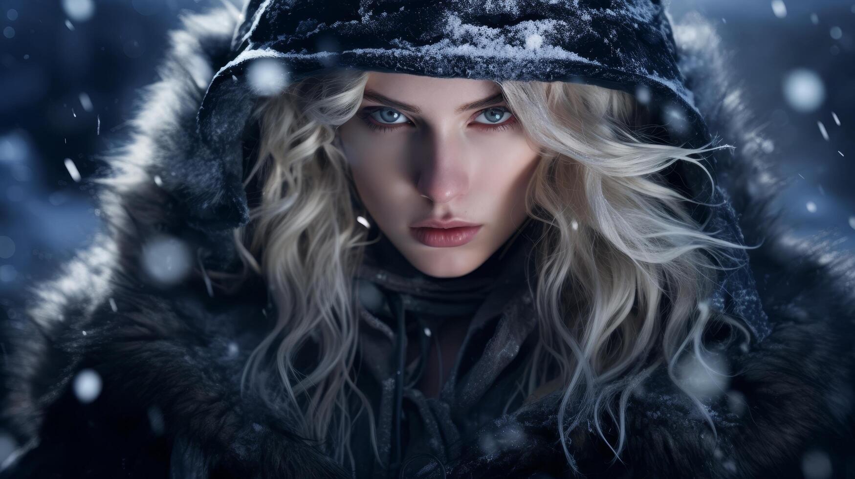 Mysterious woman in winter coat with fur hood photo