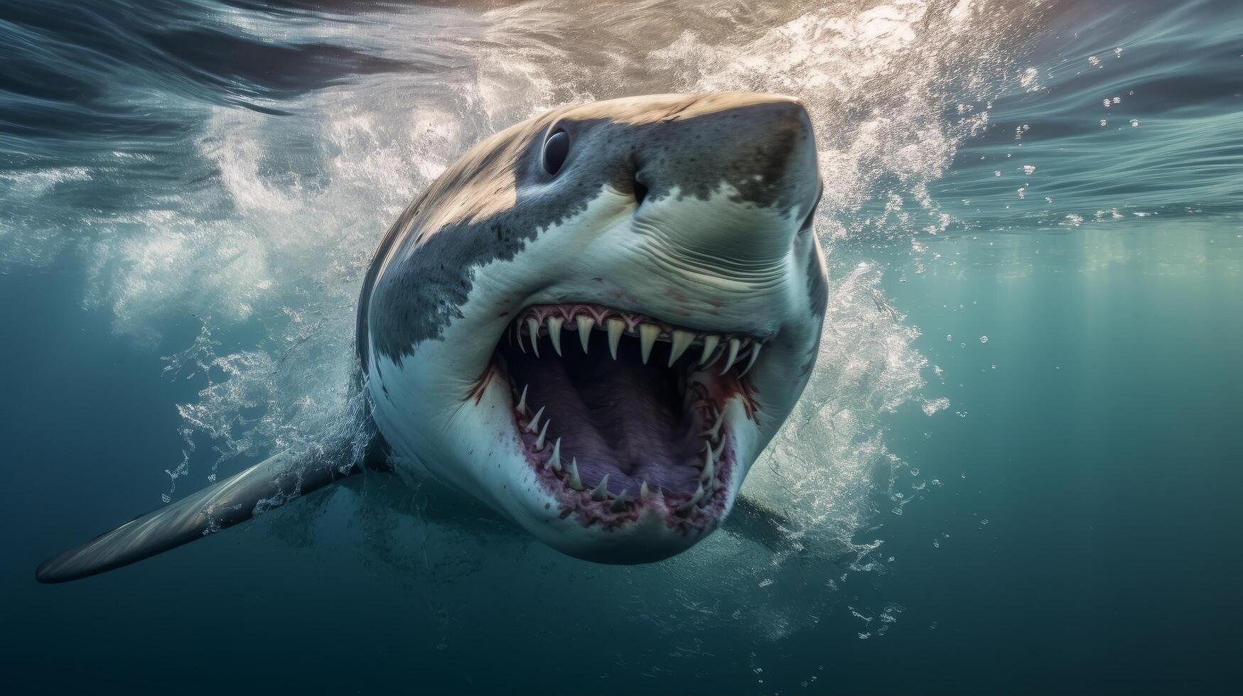 Ferocious great white shark with open jaws in the ocean photo