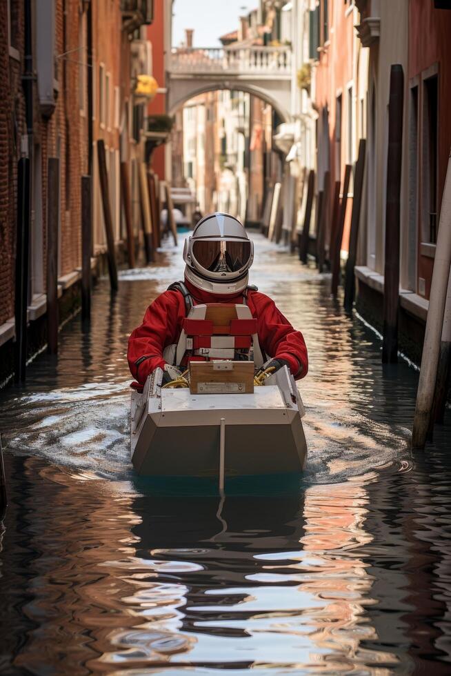 Astronaut delivering packages in flooded venice canal photo