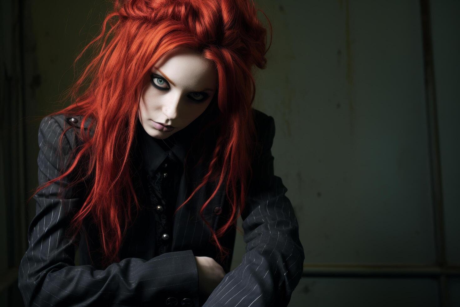 Mysterious woman with striking red hair and intense gaze photo