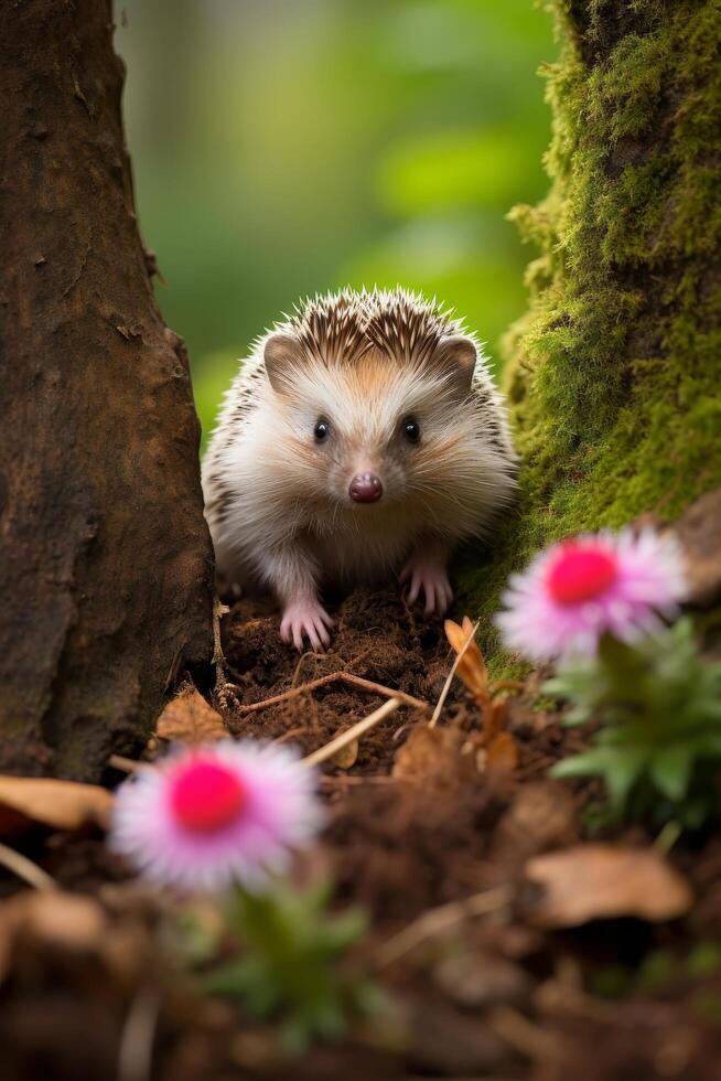 Curious hedgehog peeking out from behind tree trunk photo