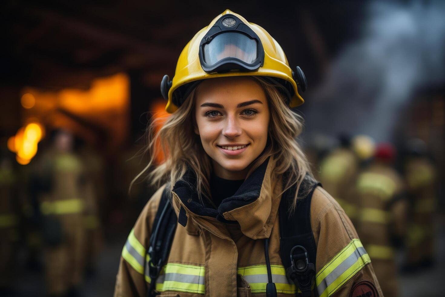Smiling firefighter in protective gear photo