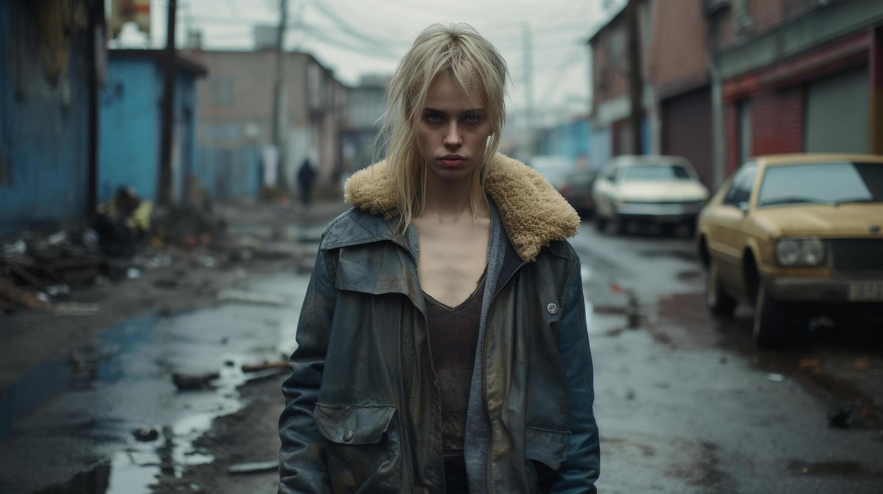 Blonde woman in winter coat standing on city street photo