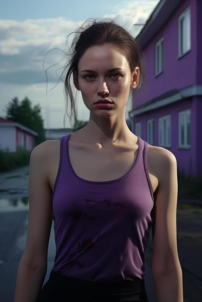 Serious young woman with windblown hair photo