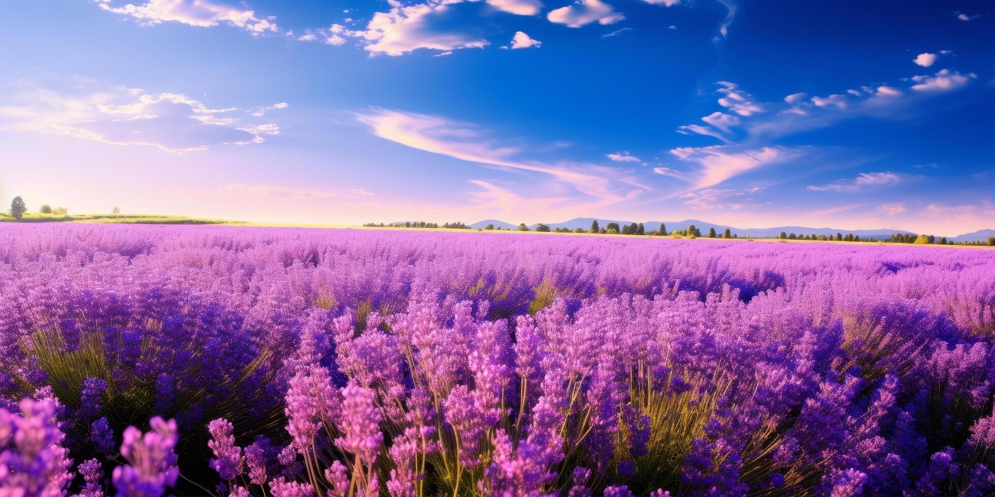 Stunning lavender field landscape at sunset photo