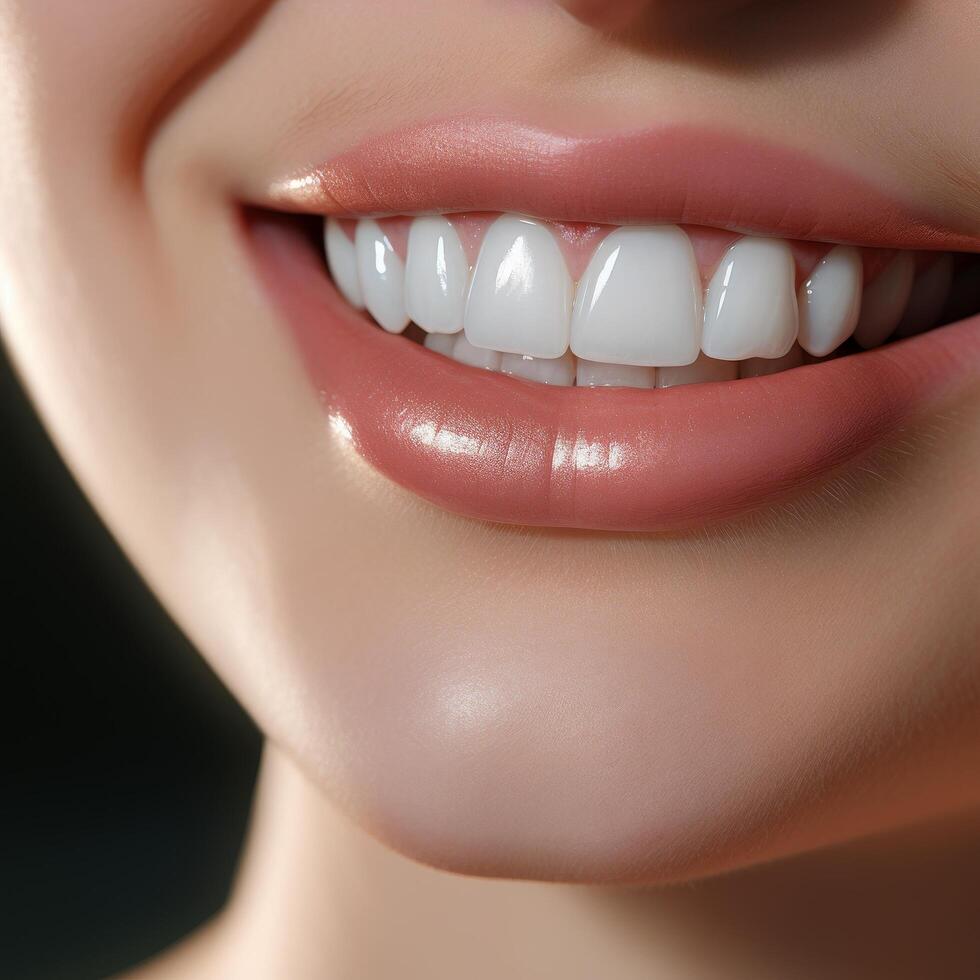 close up of a womans smiling lips with perfect white teeth photo