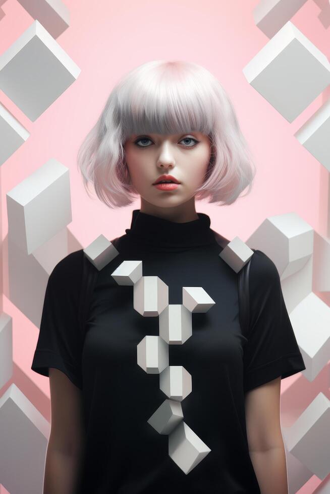 futuristic fashion model with white bob haircut photo