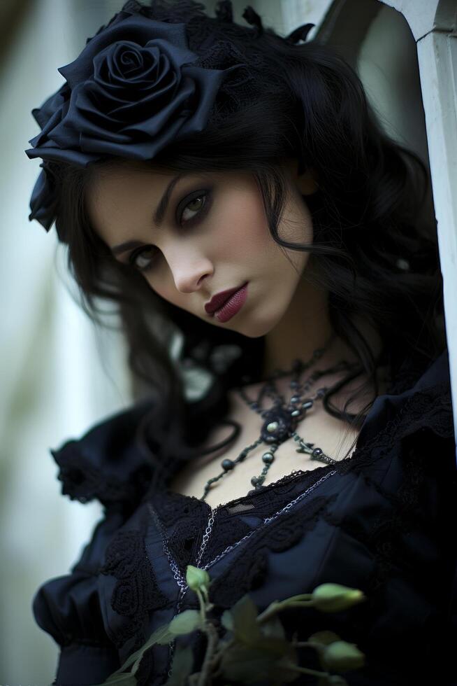 Mysterious woman in black lace and rose photo