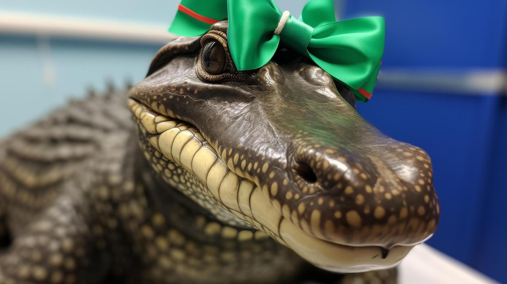 close up of a smiling snake wearing a green bow photo