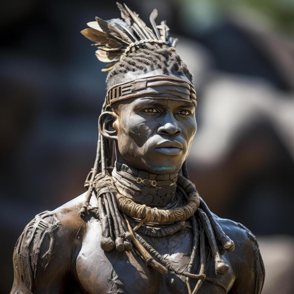 Tribal warrior with traditional headdress and jewelry photo