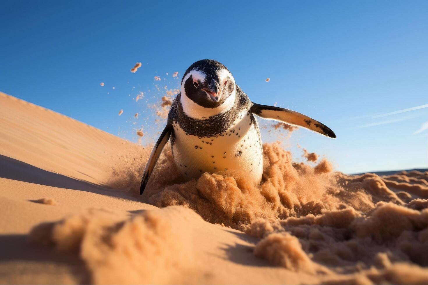 Penguin in the desert photo