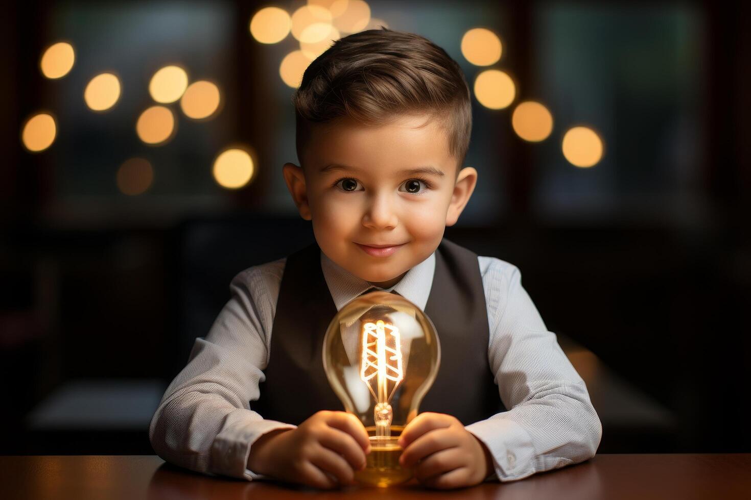 young boy in suit holding illuminated light bulb photo
