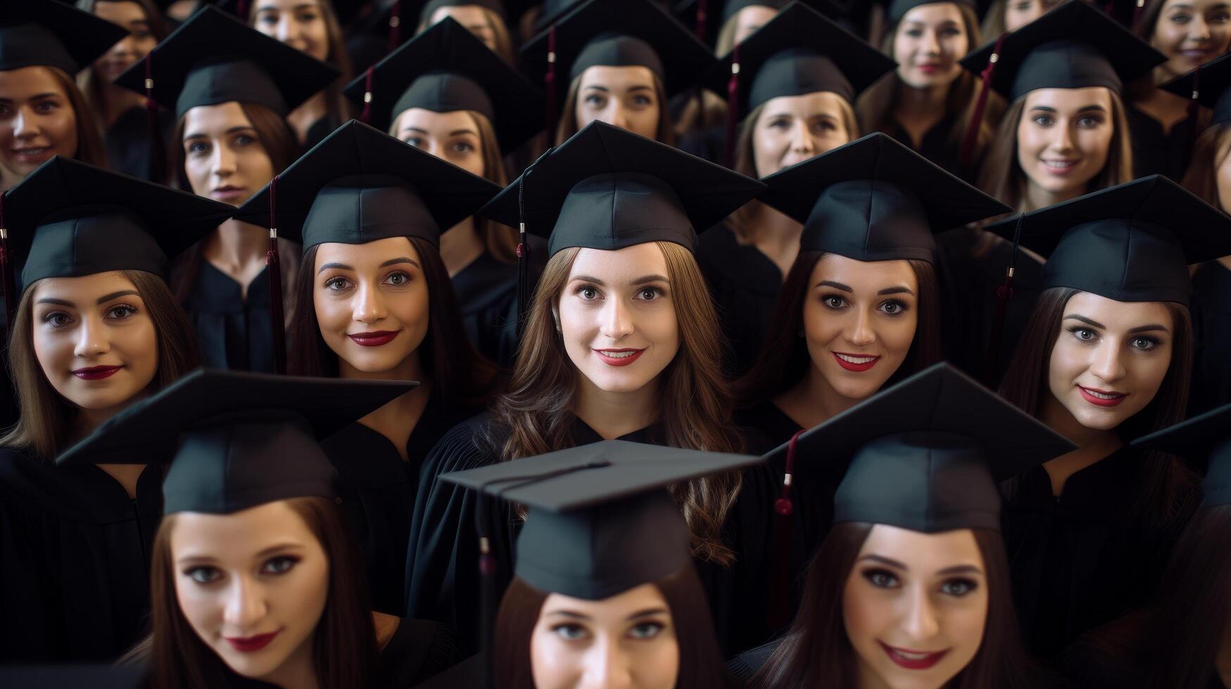 group of smiling graduates in black gowns and mortarboards photo