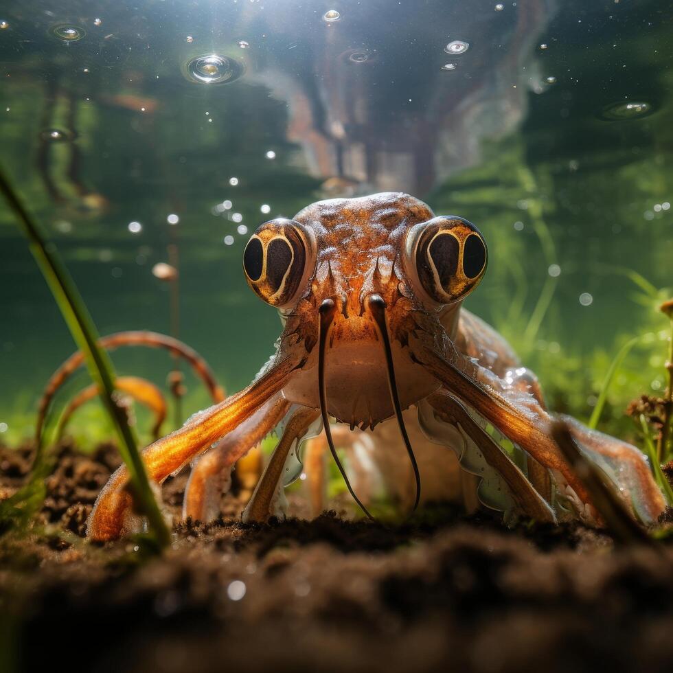 close up of a frog with large eyes in a pond photo