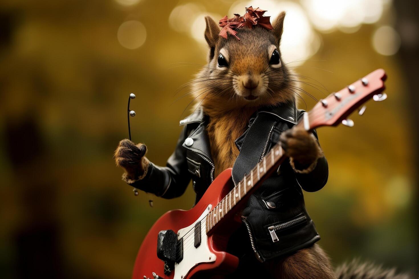 Squirrel playing electric guitar in autumn photo
