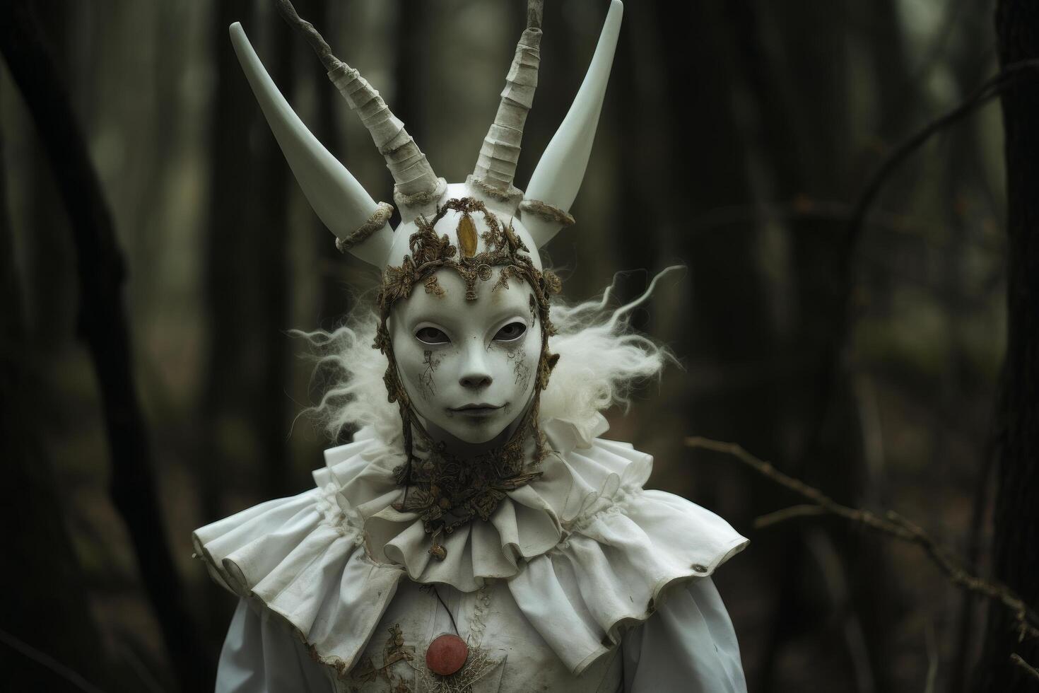 Haunting fantasy creature with horns and ornate costume photo