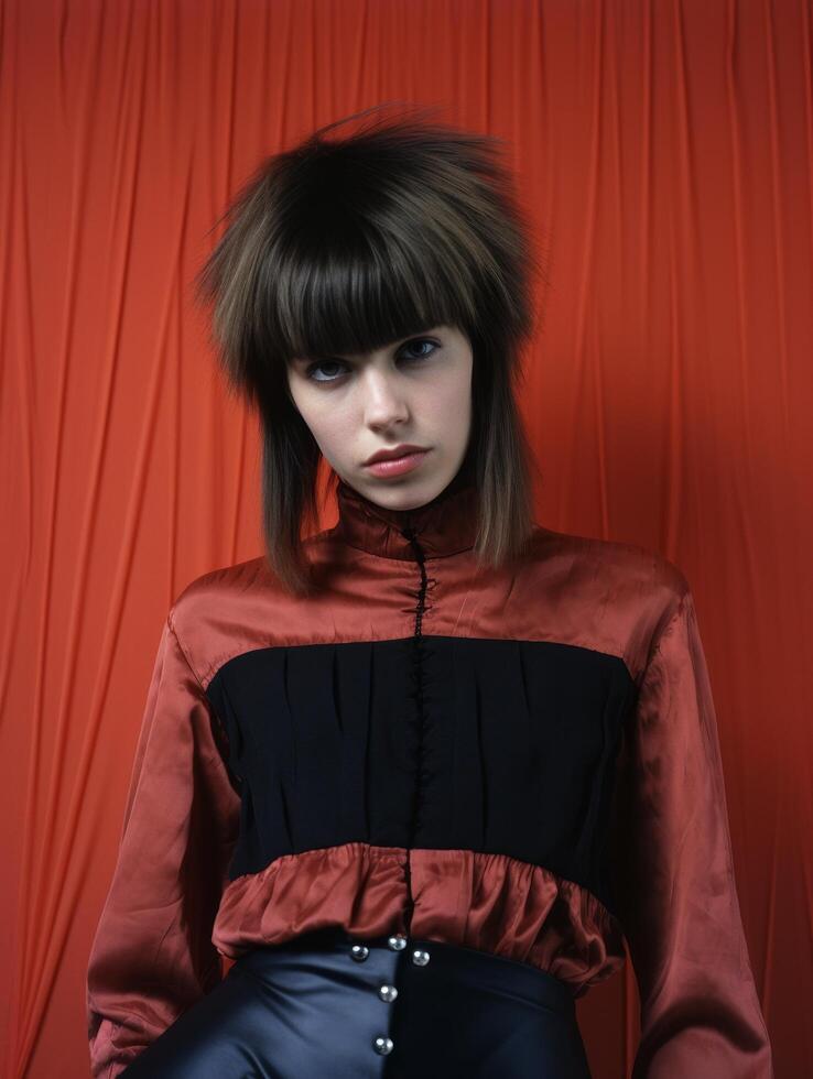 portrait of a young woman with dark hair in a red and black outfit photo