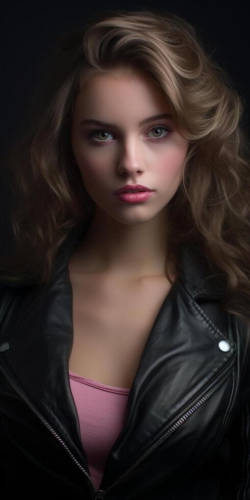 Dramatic portrait of a young woman with flowing blonde hair photo
