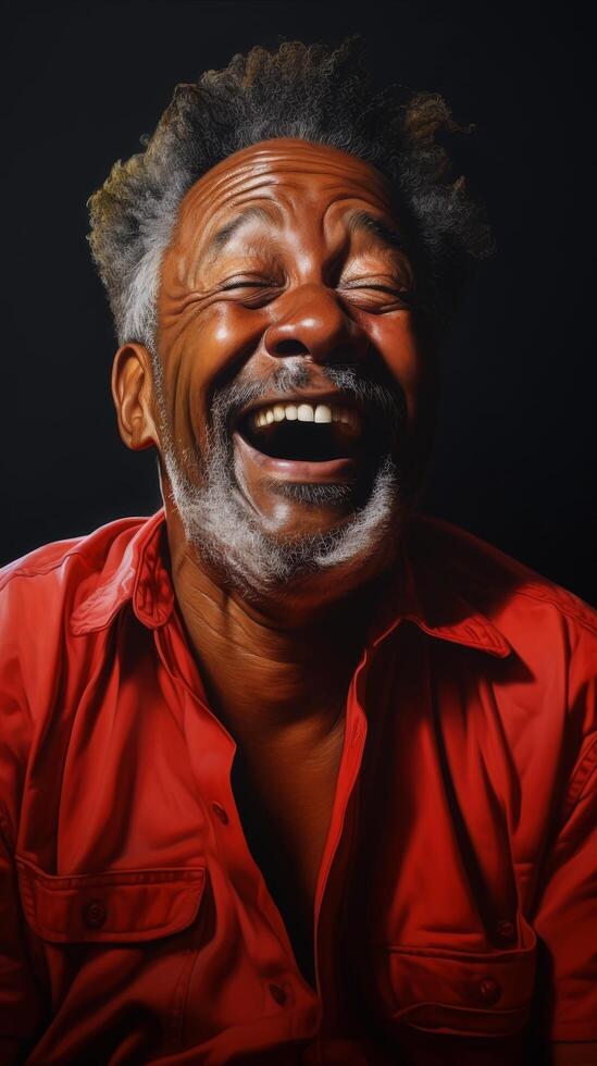 Joyful older man with curly gray hair and beard wearing a red jacket photo