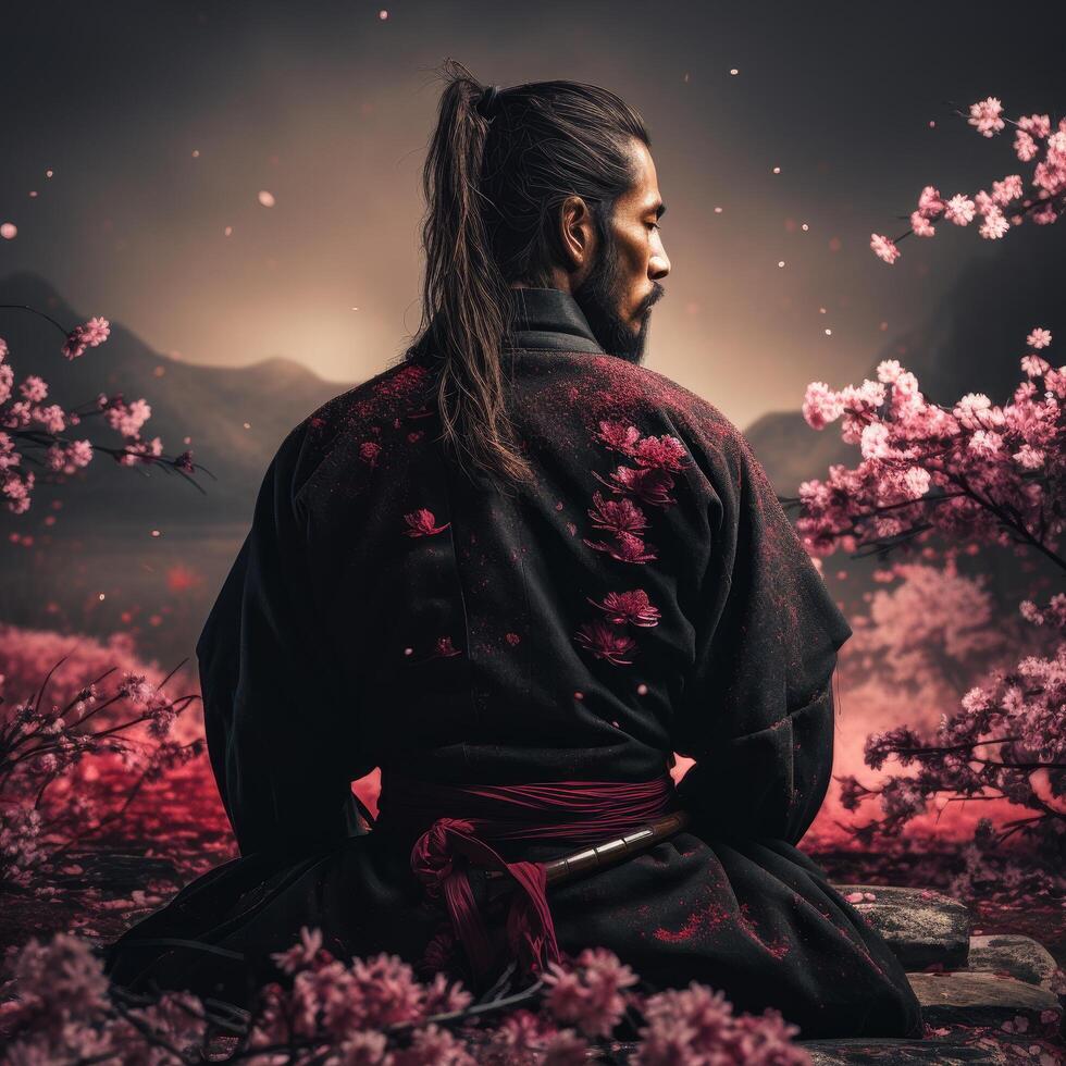 Samurai warrior in cherry blossom garden photo