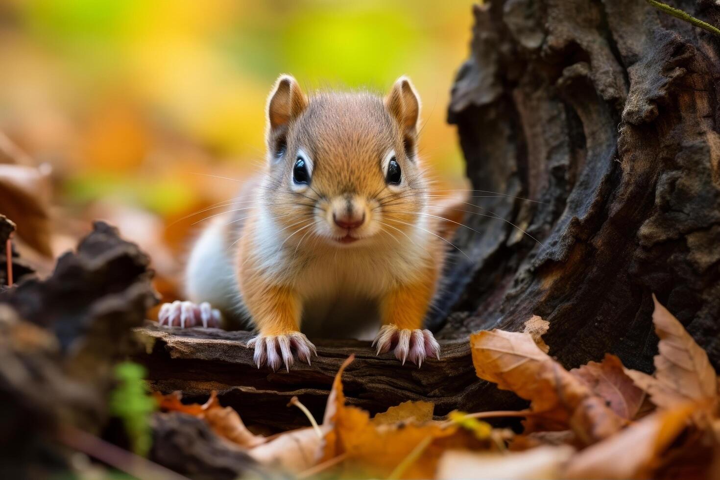 Cute squirrel peeking out from behind tree trunk photo