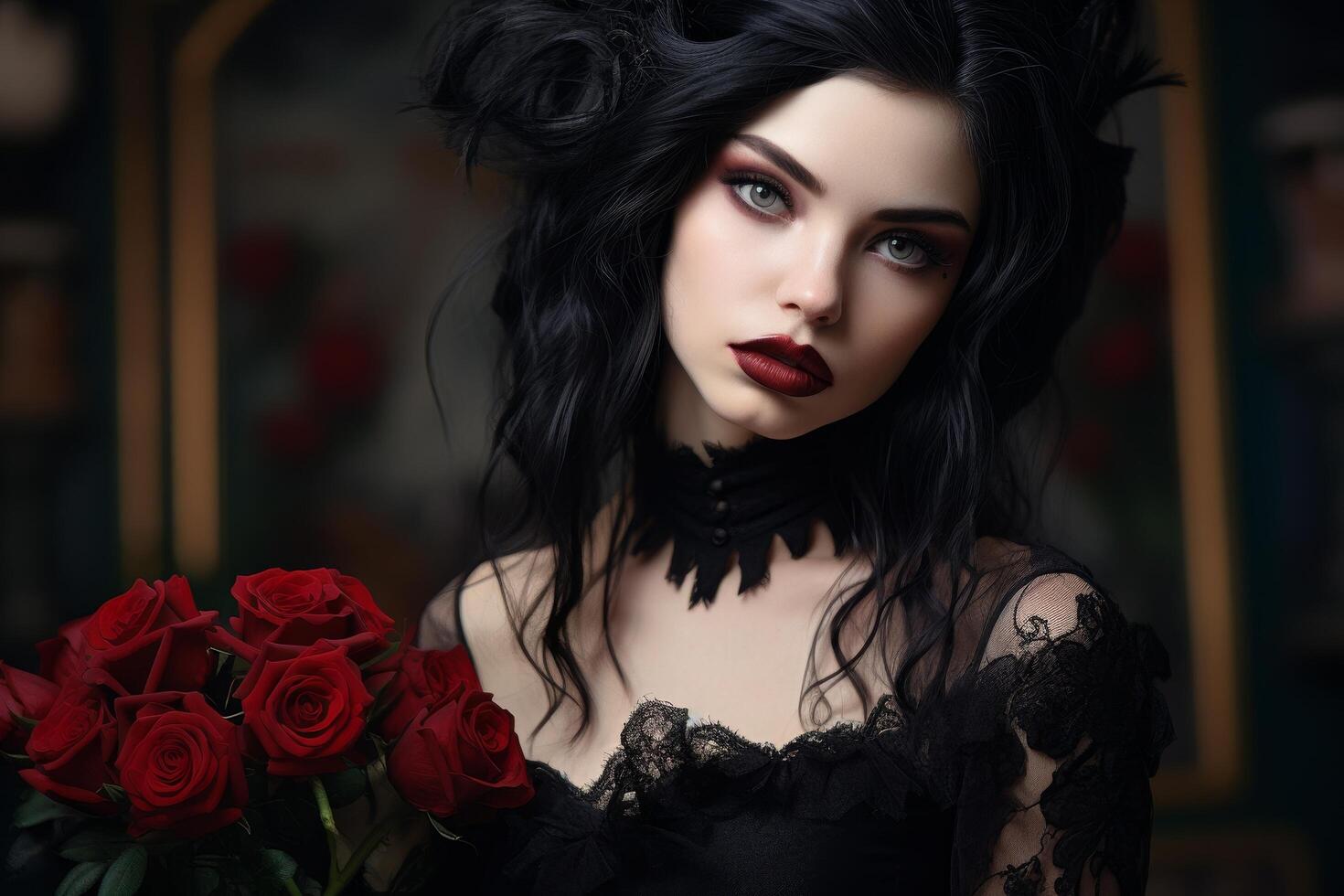 gothic woman with dark hair and red roses photo