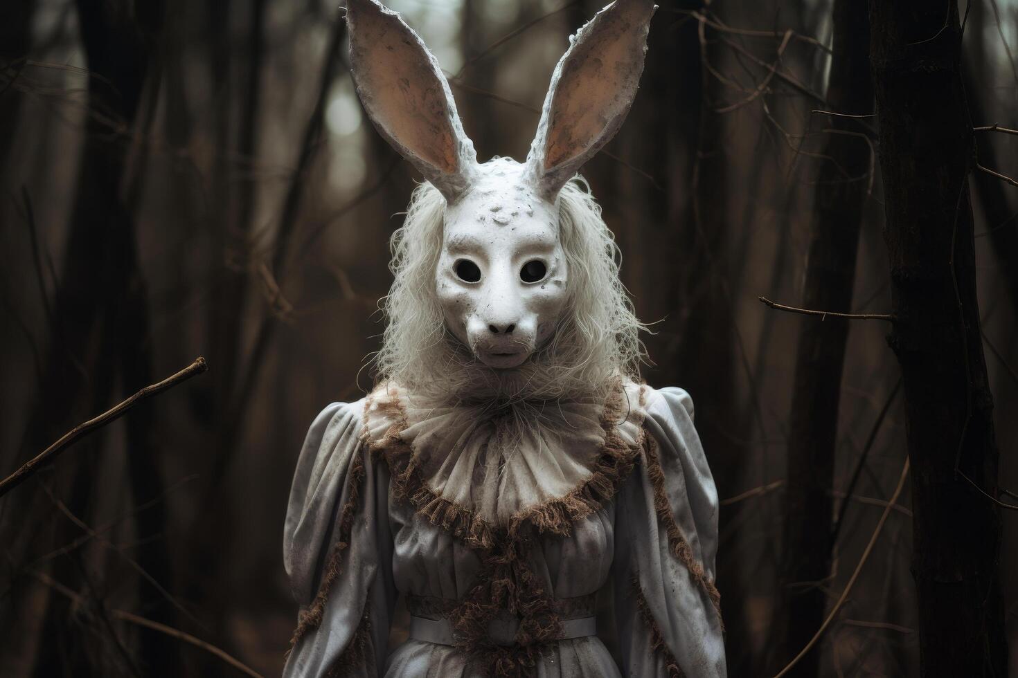 Creepy rabbit mask in dark forest photo