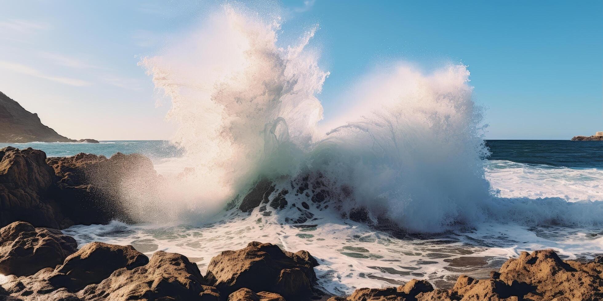 Powerful ocean waves crashing against rocky coastline photo