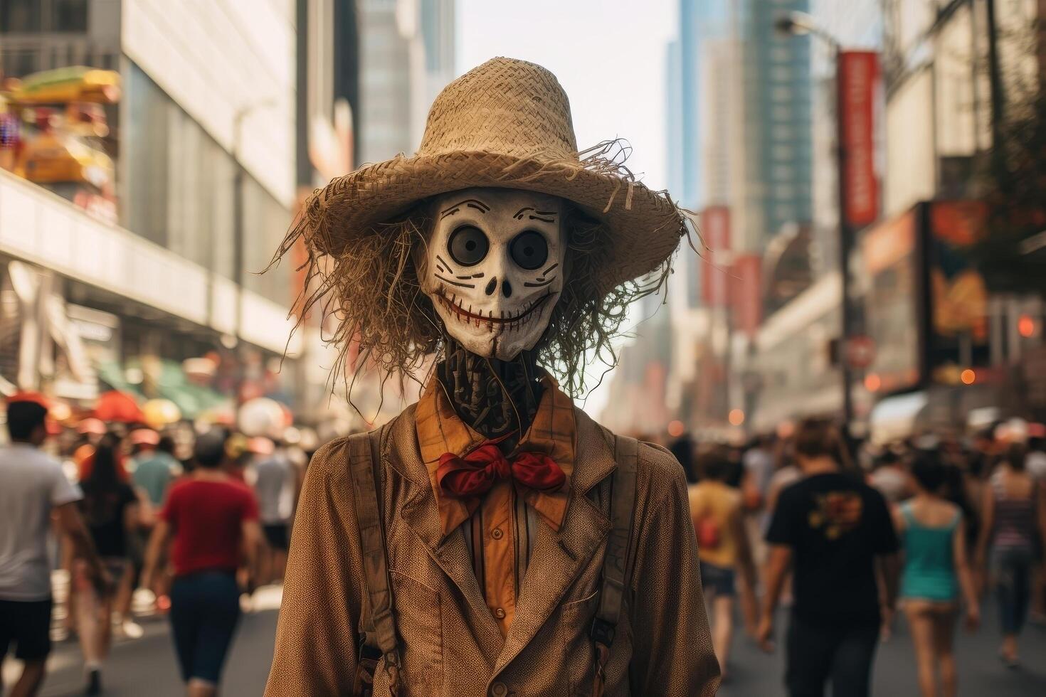 Spooky skeleton figure in a crowd photo