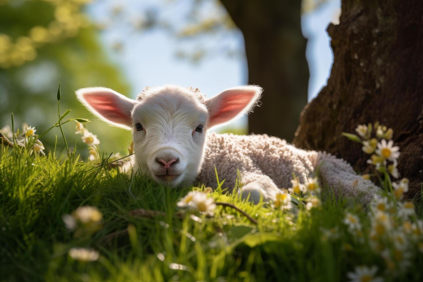 Adorable lamb in a field of flowers photo