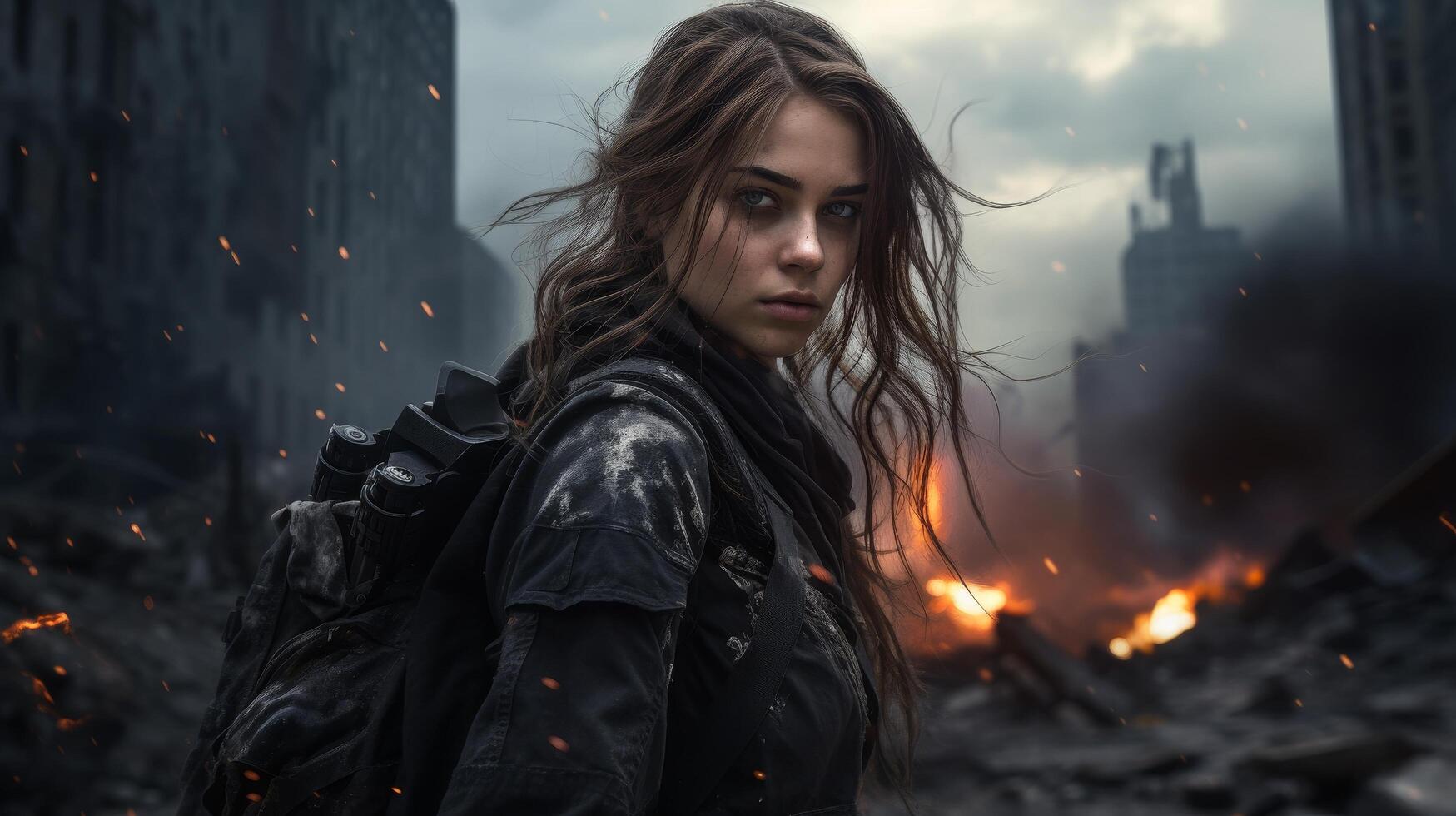 Fierce female warrior in post apocalyptic setting photo