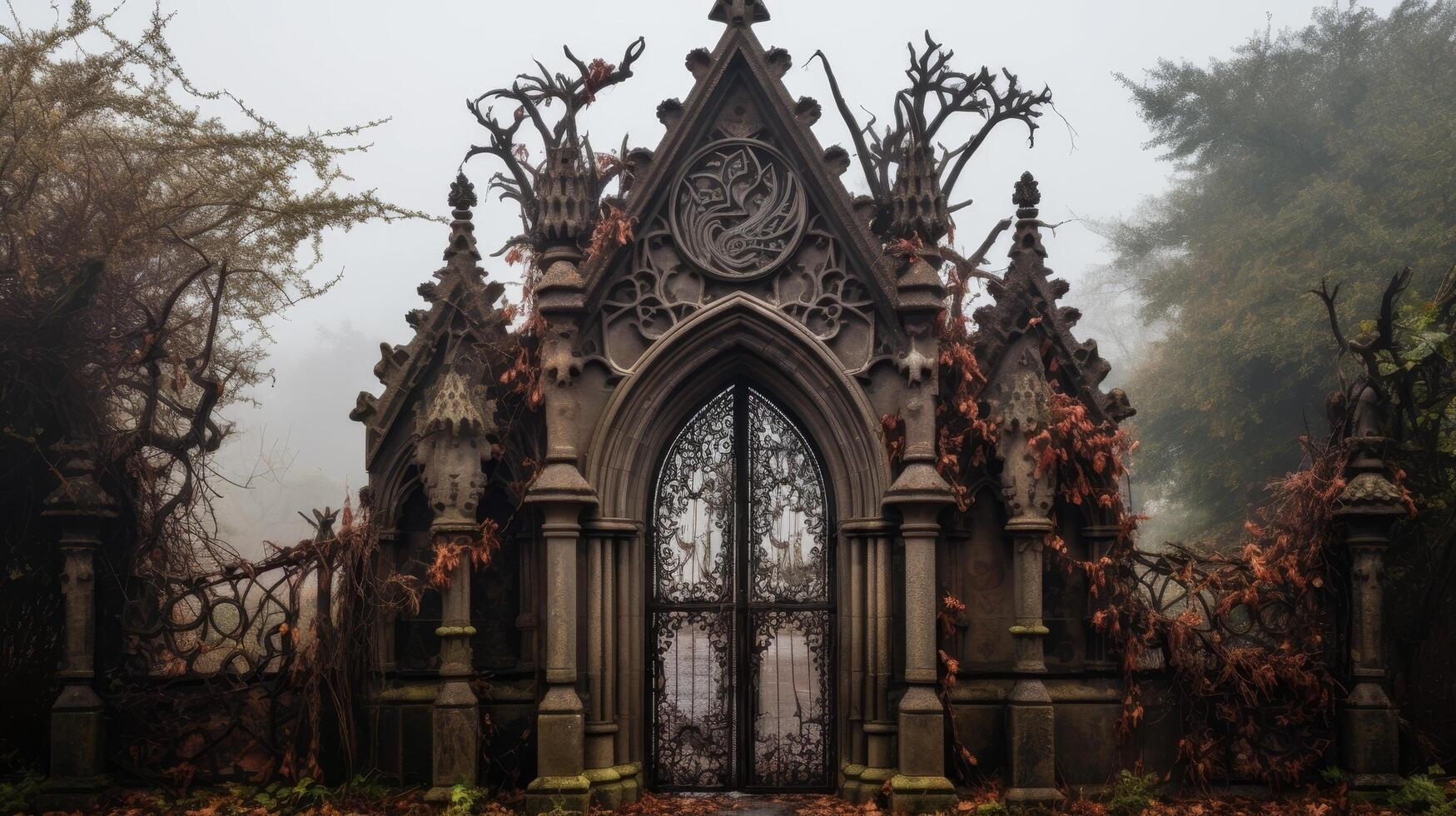 Mysterious gothic entrance in autumn forest photo