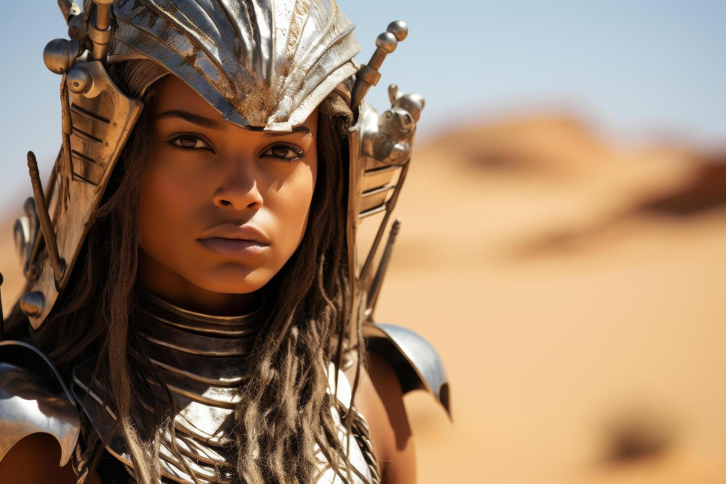 Fierce warrior woman in desert landscape photo