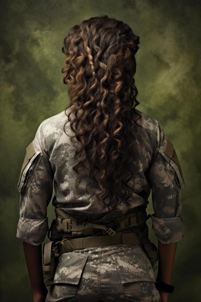 Curly haired soldier in camouflage uniform photo