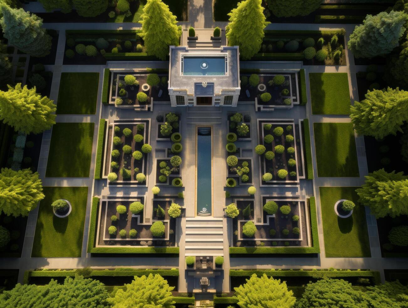 Symmetrical formal garden with geometric hedges and water feature photo