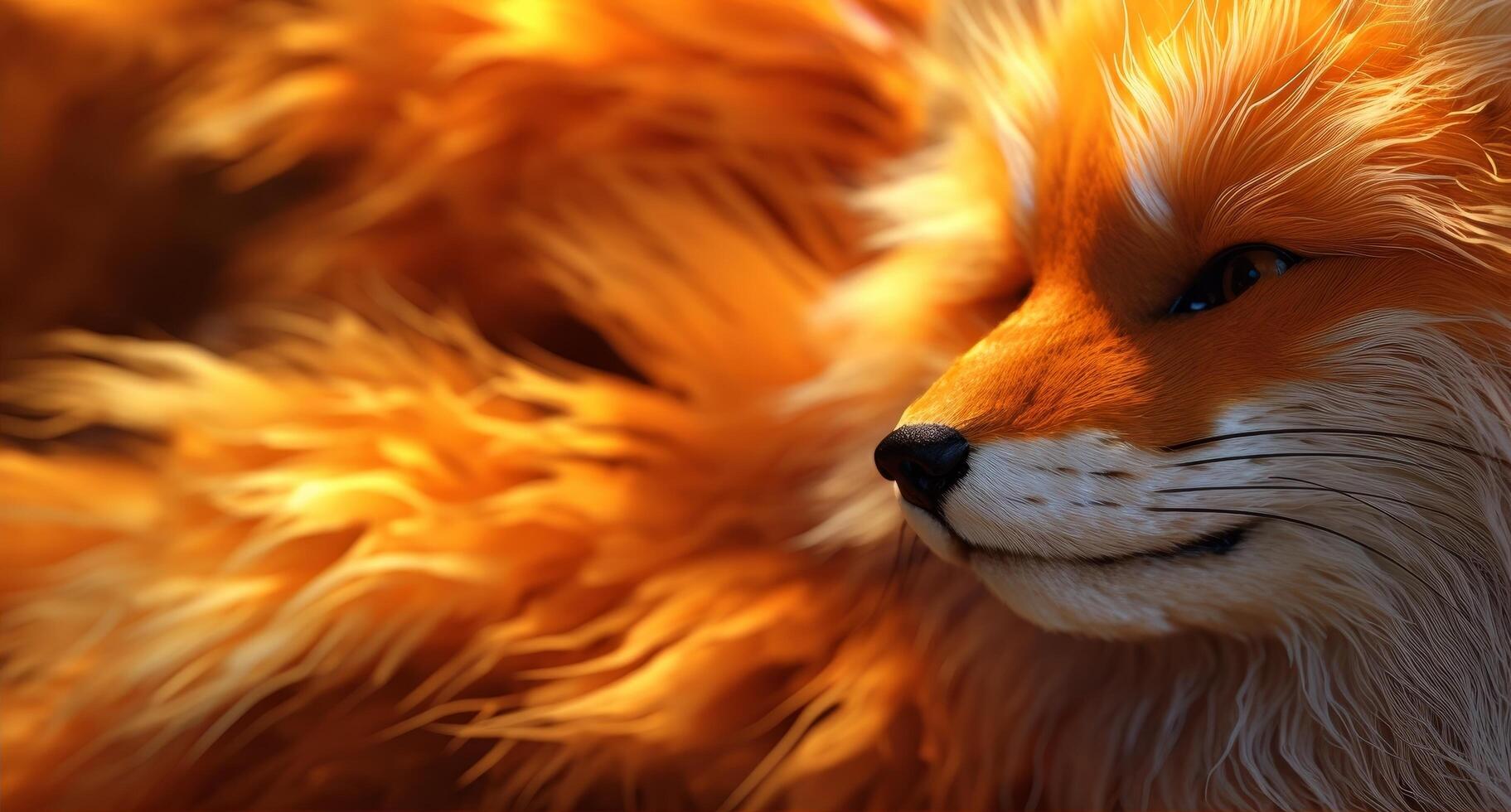 Closeup of a fluffy orange fox with piercing blue eyes photo